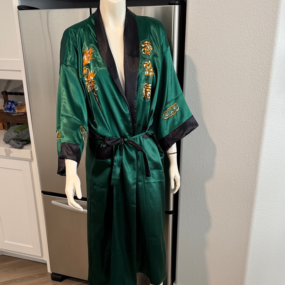 Green Satin Kimono Robe with Embroidered Details